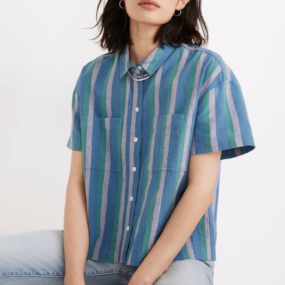 Madewell Linen-Cotton Beachside Shirt in Daly Stripe Size Large